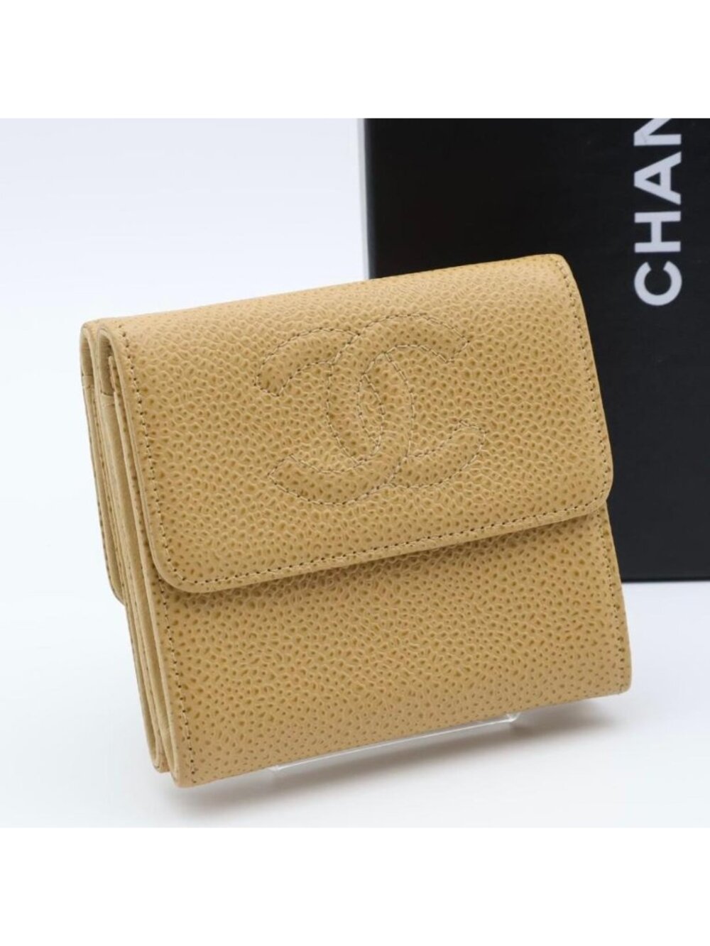 Chanel Super Caviar Leather CC Logo Snap Trifold Wallet